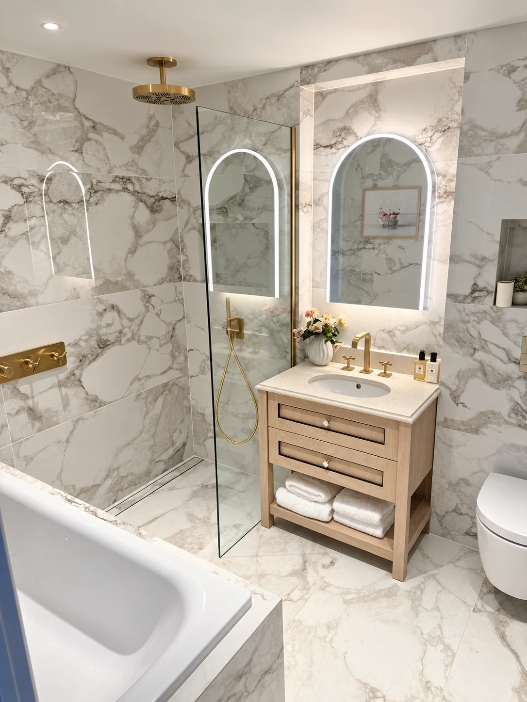 Marble-effect bathroom with arched illuminated mirror, timber vanity and brass shower fittings