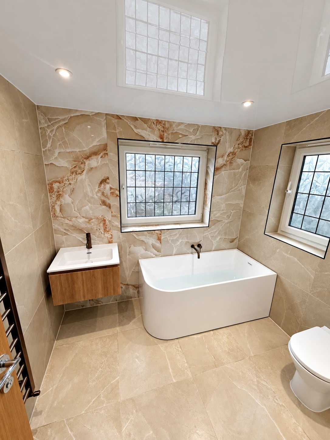 Warm onyx-effect bathroom with fitted bath, timber vanity and two frosted windows